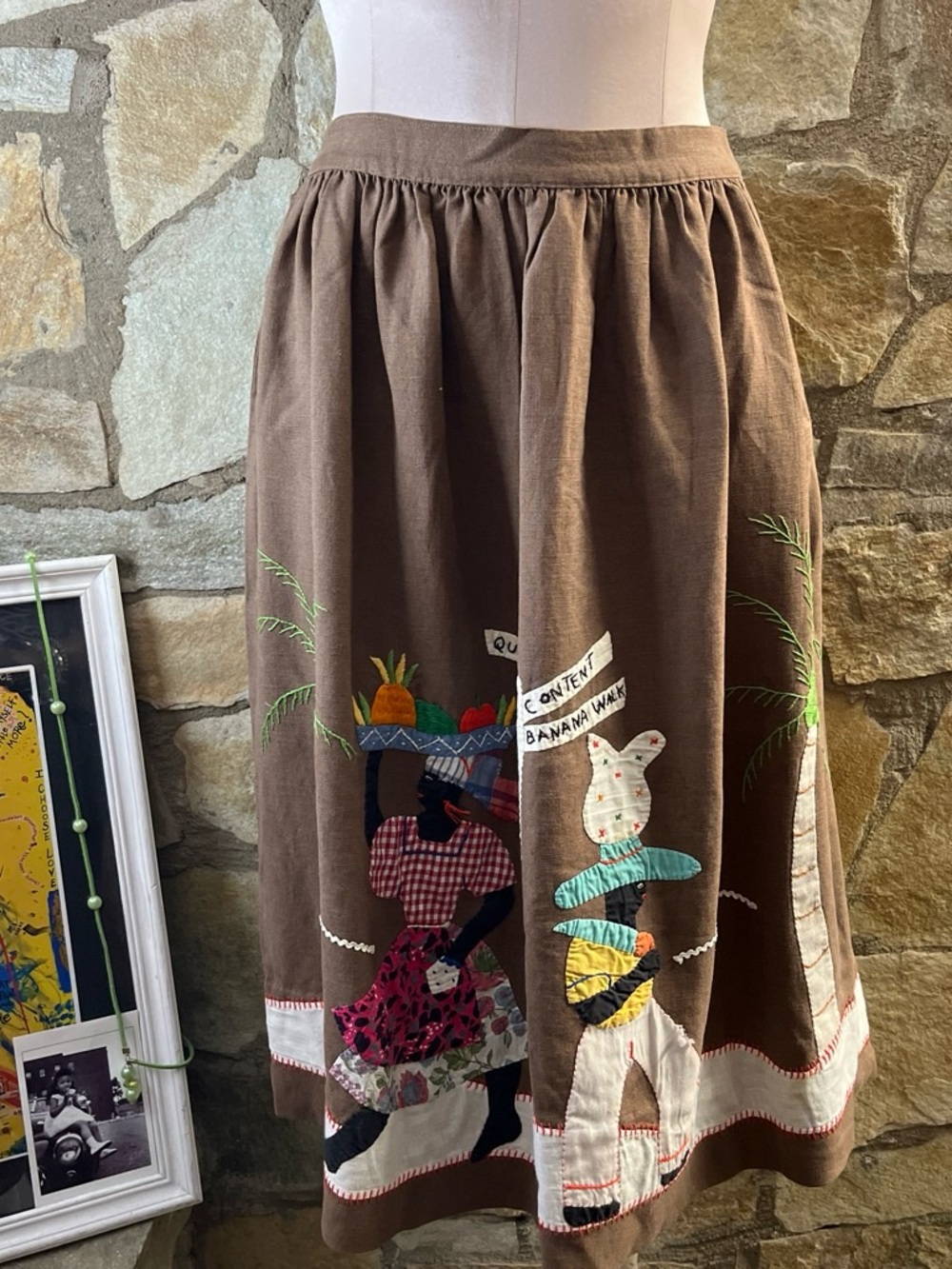 Vintage Appliqué Folk Art Market Scene Skirt
